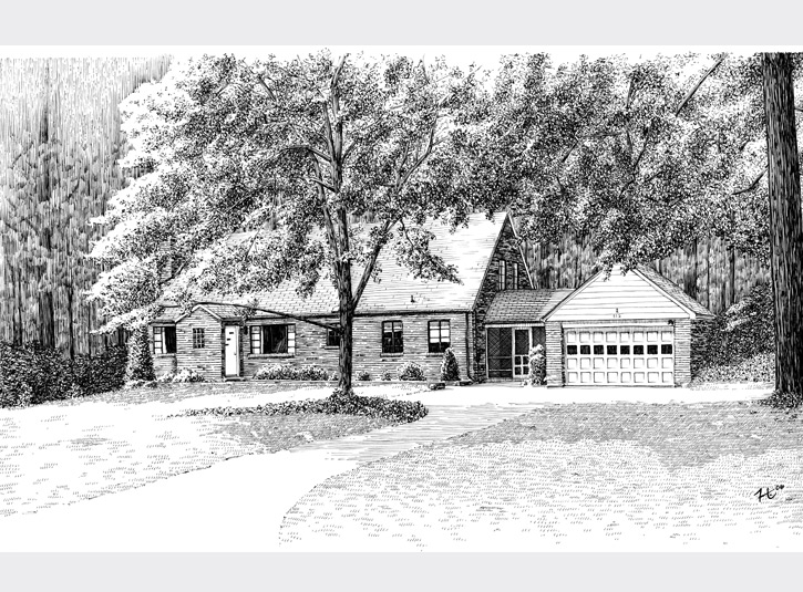Pen and ink rendering of my grandfather's old house in Maryland, roughly 11 x 17.