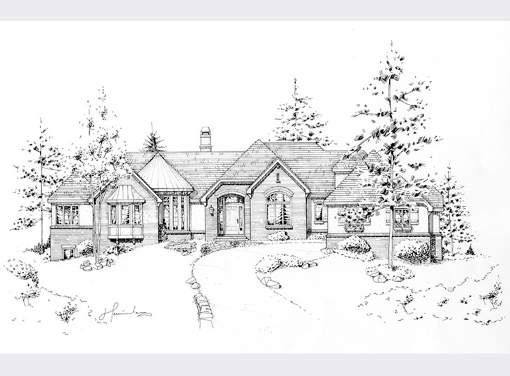 Pen and ink elevation rendering for a custom home builder. A rendered elevation can produce a similar effect to a full-blown perspective drawing while saving a lot of time. Note the lack of any actual depth or foreshortening on the house. The appearance of depth is created through shade and shadow on nothing more than the flat, front view of the house.