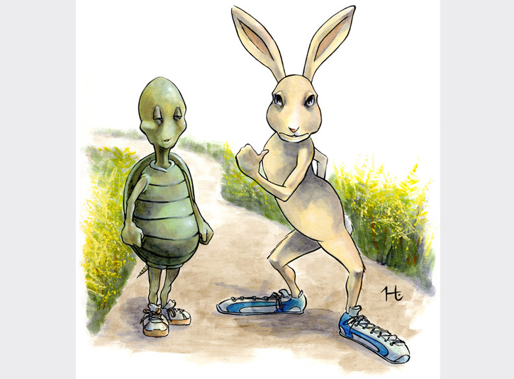 It's gotta be the shoes! Ink and acrylic paint on 9 x 12 bristol vellum. Original available.