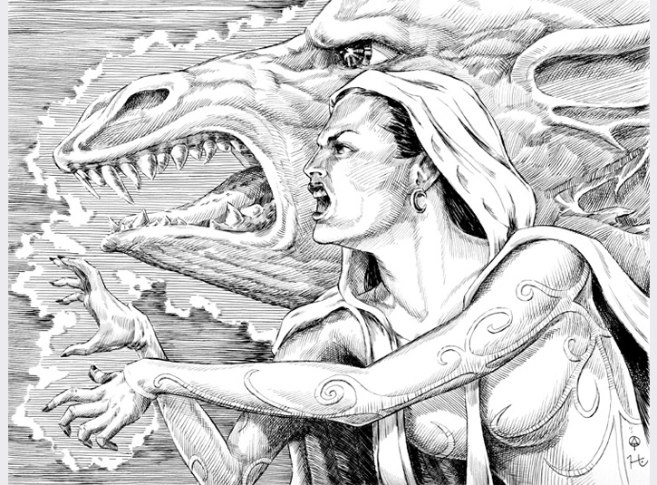 Pen and ink illustration for Fantasy Imperium role playing game on 10 x 14 bristol plate. Pencils by Steve Oatney.