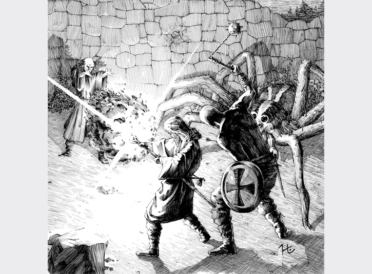 Pen and ink illustration for Holy Lands role playing game adventure pack on bristol plate.