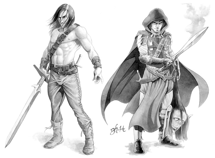 Character designs for Holy Lands role playing game. Ink wash on bristol vellum. Pencil drawing by Gabe Hernandez.