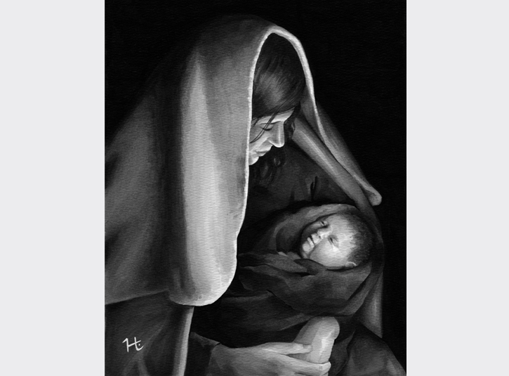 This nativity scene had been floating around in my head for roughly a decade before I finally got it down on paper. Gray Copic Markers on watercolor paper, roughly 8 x 10.