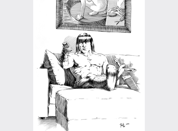 Pen and ink illustration inspired by a sermon of the same name by Peter Hiett, covering 2 Samuel 11,12. It's the story of David and Bathsheba; David's troubles arise when he stays home to sit on his couch instead of going off to battle with his army. I just really loved the imagery of the title, and thought it even funnier when juxtaposing the fantasy character of the Warrior with the modern couch potato, remote in hand. On the wall behind our warrior is &ldquo;The Tub&rdquo; by Degas, as a tip of the hat to Bathsheba bathing herself when David first spies her. Pigma Brush Pen and Microns on 11 x 14 bristol plate.