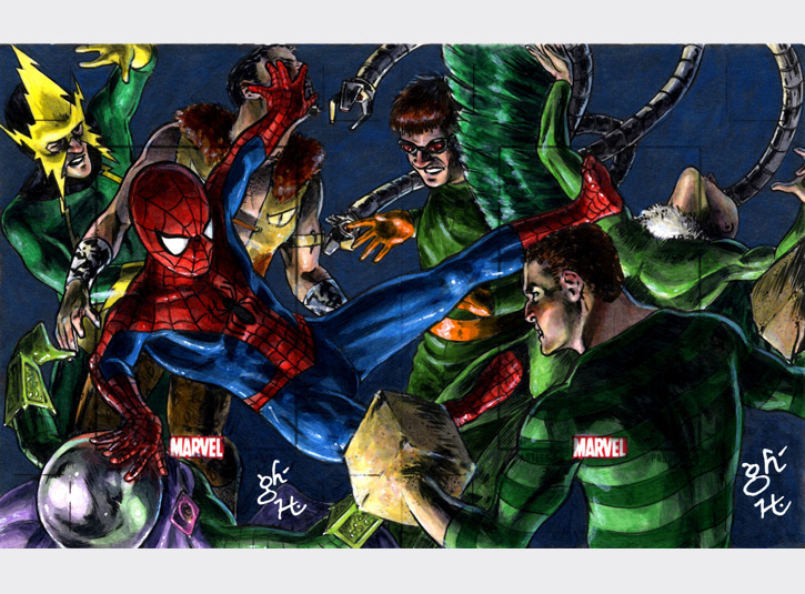 Commissioned Artist's Proof 2-card puzzle from the Marvel Heroes and Villains card set from Rittenhouse Archives. Each pre-cut card measures 4 x 5. Pen and ink, Copic Markers, and acrylic paint. Pencils by Gabe Hernandez.